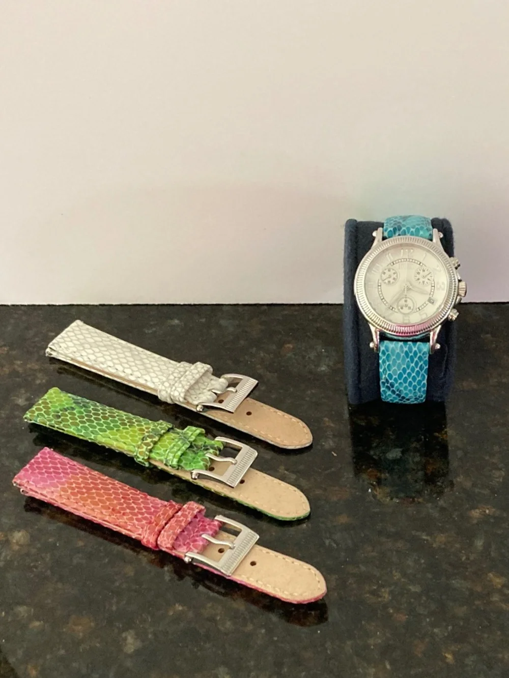 Ecclissi Sterling Multi-Function Chronograph Watch/Snakeskin Embossed Straps/NIB